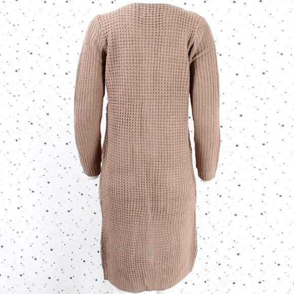 Waffle Knit Duster Long Sweater Cardigan Tan/Khaki - Picture 5 of 7